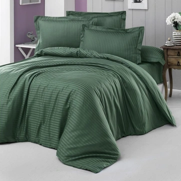 Постільна білизна Темно-зелений Сатин страйп - Євро на резинці, фото 1
