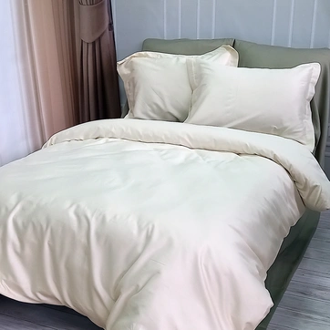 Постельное белье ДУЭТ MILK CHAMPAGNE/OLIVE Premium Сатин - Семейный на резинке, фото 1