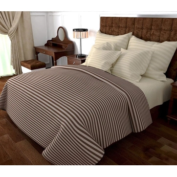 Постільна білизна Дует Коричнево-Молочна Бязь страйп - Євро на резинці, фото 1