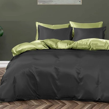 Постільна білизна ДУЕТ BLACK/PISTACHIO Premium Premium Сатин однотон - Євро на резинці, фото 1