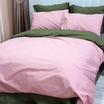 Постільна білизна ДУЕТ Пудра/Темний Хакі Ранфорс - Євро на резинці, фото 1