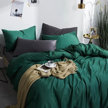 Постельное белье ДУЭТ ROYAL GREEN/ANTHRACITE Premium Сатин однотон - Семейный на резинке, фото 1