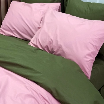 Постільна білизна ДУЕТ Пудра/Темний Хакі Ранфорс - Двоспальний на резинці, фото 3