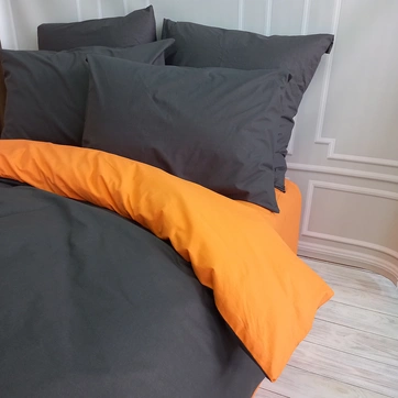 Постельное белье ДУЭТ Антрацит/Оранжевый Ранфорс - Семейный на резинке, фото 1