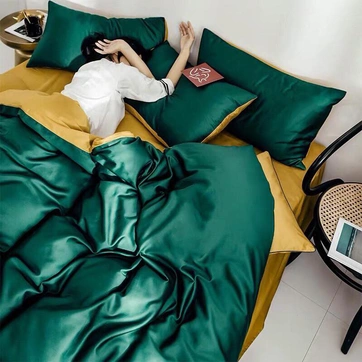 Постельное белье ДУЕ ROYAL GREEN/GOLDEN Premium Сатин однотон - Евро на резинке, фото 1