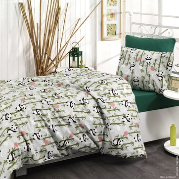 Постельное белье Панди зеленые Ранфорс - Семейный на резинке, фото 1