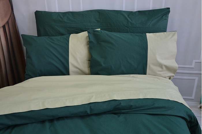 Постільна білизна PREMIERE Темнозелене/Світла оливка Ранфорс - Двоспальний на резинці, фото 1